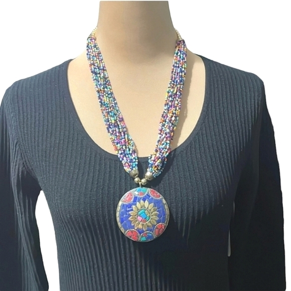 Medallion With Multiple Beaded Strands Statement Necklace NEW - Picture 1 of 5